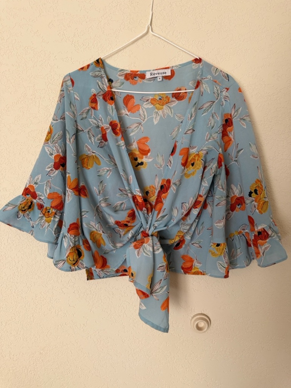 Blue Floral Tie-Front Women's Top S